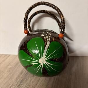 Coconut Shell Hawaiian Hand Painted Handbag Purse Hibiscus Zip Around Brown New